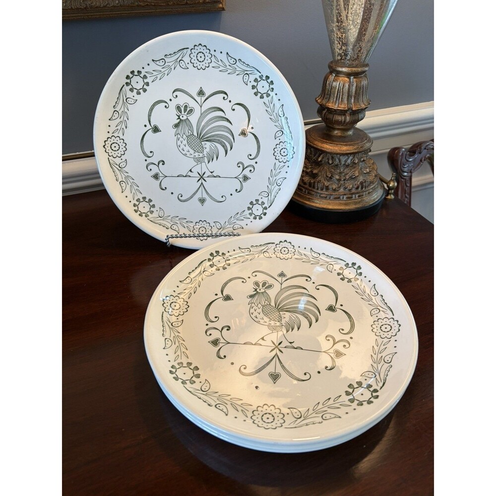 Set of 4 Scio Pottery Dinner Plates Provincial Green Rooster Weather Vane 9"